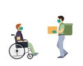 Delivery of groceries to a disabled person in a wheelchair, courier with a backpack wearing a mask and gloves