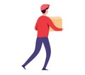Delivery guy carrying a package wearing a red shirt and cap, side profile walking. Delivery service concept, male