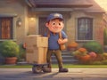 Delivery guy cartoon character with smile, drawing of courier carrying boxes