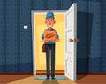 Delivery guy handing a box on doorway. Cartoon vector illustration Royalty Free Stock Photo