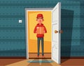 Delivery guy handing a box on doorway. Cartoon vector illustration Royalty Free Stock Photo