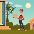 Delivery guy handing a box on doorway daytime. Fast shipping to the door of your house. Delivery service concept Royalty Free Stock Photo