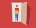 Delivery guy handing food package on doorway. Full length man. Open door.Vector illustration Royalty Free Stock Photo