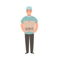 Delivery guy holding box with an order. Royalty Free Stock Photo