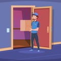 Delivery guy in home door. Boy deliver handing box in apartment doorway. Cartoon delivery of goods at home vector