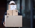 Delivery guy package, shipping boxes and export employee with courier service, commerce or regulations. Logistics, man Royalty Free Stock Photo