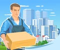 Delivery guy with a parcel. Cardboard box. A male courier in uniform delivered a package. Flat style. Postal service. Against the Royalty Free Stock Photo