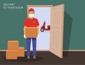 Delivery guy wearing a mask and gloves, handing box on doorway with a motorcycle in the background Royalty Free Stock Photo