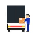 Delivery icon with loader man near freight truck Royalty Free Stock Photo