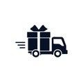 Delivery truck with gift box Icon. Vector flat style illustration isolated on white background. Royalty Free Stock Photo