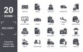 delivery icon set. include creative elements as cargo train, delivery to the door, arrival, delivery safety, scooter boxes filled