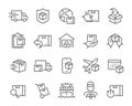 Delivery icons set. Collection of simple linear web icons such as Shipping By Sea Air, Delivery Date, Courier, Warehouse