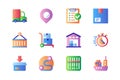 Delivery icons set in color flat design. Pack of truck, location pin, checklist, parcel box, container, warehouse storage,