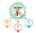 Delivery infographic. Courier rides a Bicycle delivering goods.Template