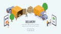 Delivery isometric landing page vector template. Online shopping, delivery, truck loading website layout. Shipping