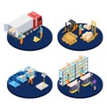 Delivery isometric. Logistic, distribution warehouse, parcel delivery isometric vector concepts