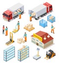Delivery isometric. Logistic, distribution warehouse, truck with people workers carrying boxes package. 3d cargo