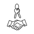 Delivery of the keys linear icon. Hand giving key to another hand vector