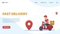Delivery landing page. Courier, guy on moped against backdrop of cityscape, riding on road to client flat cartoon
