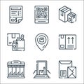 delivery line icons. linear set. quality vector line set such as envelope, door delivery, supermarket, side up, placeholder, food