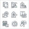 delivery line icons. linear set. quality vector line set such as mailbox, clock, calendar, medicine, food delivery, free delivery
