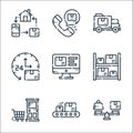 Delivery line icons. linear set. quality vector line set such as package, conveyor, shopping cart, storage, computer, hour clock,