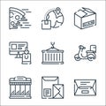 delivery line icons. linear set. quality vector line set such as package, envelope, supermarket, motorbike, container, online