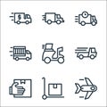 Delivery line icons. linear set. quality vector line set such as plane, package, received, truck, scooter, truck, truck