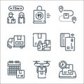 delivery line icons. linear set. quality vector line set such as delivery time, drone delivery, calendar, payment method, medicine