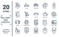 delivery.and.logistic linear icon set. includes thin line weight, certificate, scanner, delivery man, dossier, cargo bus, delivery