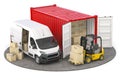 Delivery? logistic and shipping concept. Loading and unloading cargo from container to van and forklift isolated on white