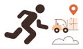 Delivery Logistics Featuring Running Courier, Forklift Loading Packages, and Location Marker Royalty Free Stock Photo