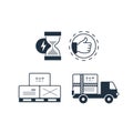 Delivery logistics services icons set, move boxes, loading truck, time