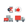 Delivery logistics services icons set, move boxes, loading truck, time