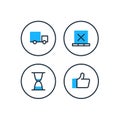 Delivery logistics services icons set, move boxes, loading truck, time