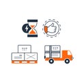 Delivery logistics services icons set, move boxes, loading truck, time