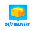 24/7 Delivery Logo with Closed Box Isolated on White Background. Noctidial Parcels Express Transportation, Logistics