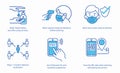 Simple set of coronavirus safety related vector line icons. Mask, check gun thermometer