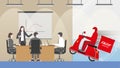 Delivery man bike arrive to office meeting room with fast