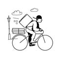 Delivery man on bike on background of urban landscape. Courier on bicycle with parcel box. Hand drawn vector
