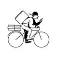 Delivery man on bike. Courier on bicycle with parcel box with a smart phone. Online delivery service Vector illustration