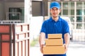 Delivery man in blue handing packages Royalty Free Stock Photo