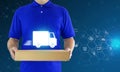 Delivery man in blue uniform and hands holding paper box for delivering package on icon media background. Concept fast food Royalty Free Stock Photo