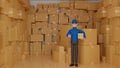 Delivery man in blue uniform holding parcel box give thumb up in warehouse, shipment service, 3D rendering Royalty Free Stock Photo