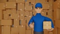 Delivery man in blue uniform holding parcel box give thumb up in warehouse, shipment service, 3D rendering Royalty Free Stock Photo