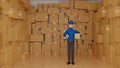 Delivery man in blue uniform holding parcel box give thumb up in warehouse, shipment service, 3D rendering Royalty Free Stock Photo