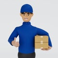 Delivery man in blue uniform smiling holding parcel box and give thumb up, shipment service concept, 3D rendering Royalty Free Stock Photo