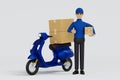 Delivery man in blue uniform smiling holding parcel box and give thumb up, shipment service concept, 3D rendering Royalty Free Stock Photo