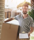 Delivery man, box and documents at front door for home courier, contract signature or transport services. Portrait of Royalty Free Stock Photo