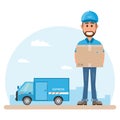 delivery man with box. Postman design isolated on white background. Courier in hat and uniform with package. Royalty Free Stock Photo